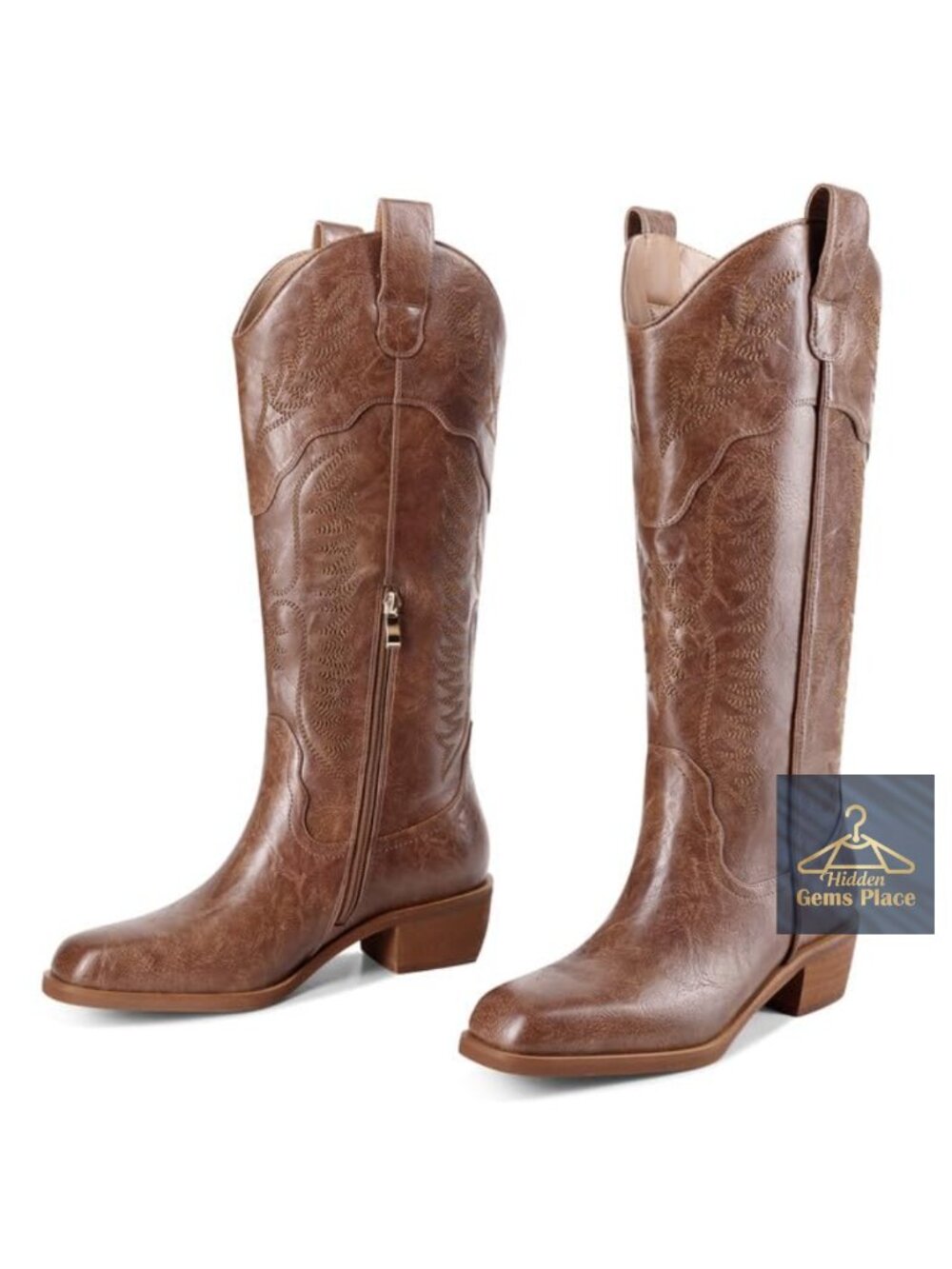 Knee High Cowboy Boots Women Western Tall Cowgirl Embroidered Chunky Heel Side